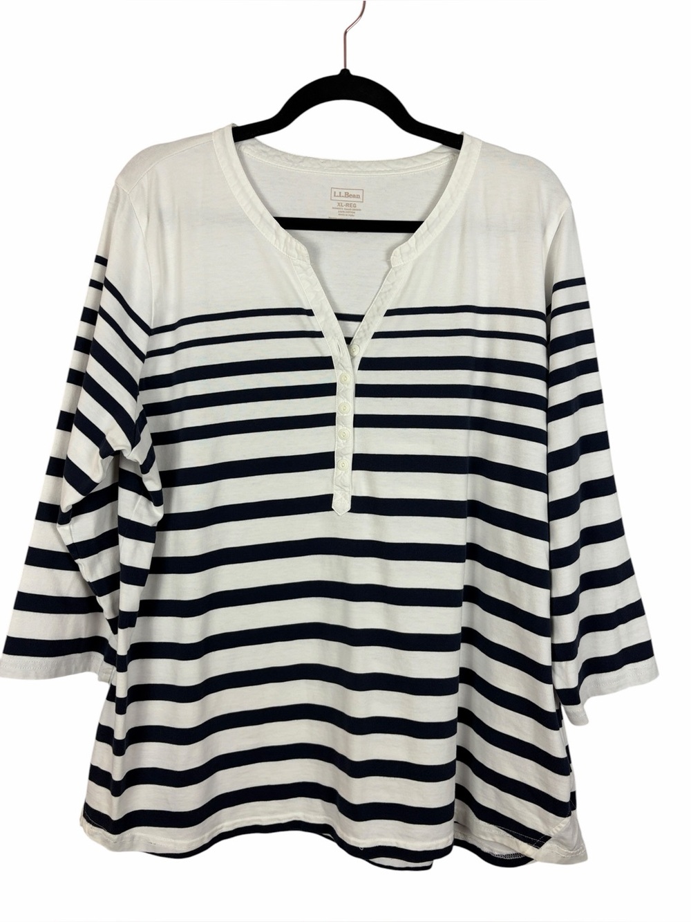 L.L.Bean XL Reg Navy White Stripe Henley Tunic Top 3/4 Sleeve 100% Cotton